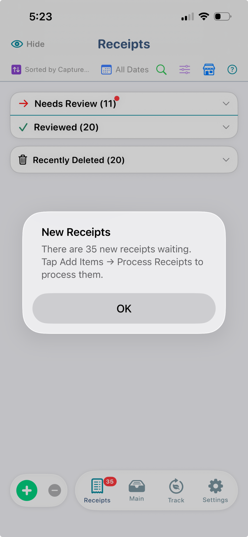 ItsRecord Receipts screen