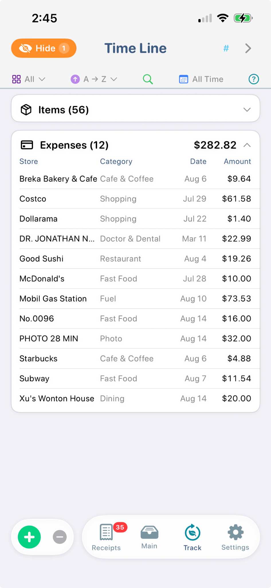ItsRecord Track Time Line showing Items and Expenses